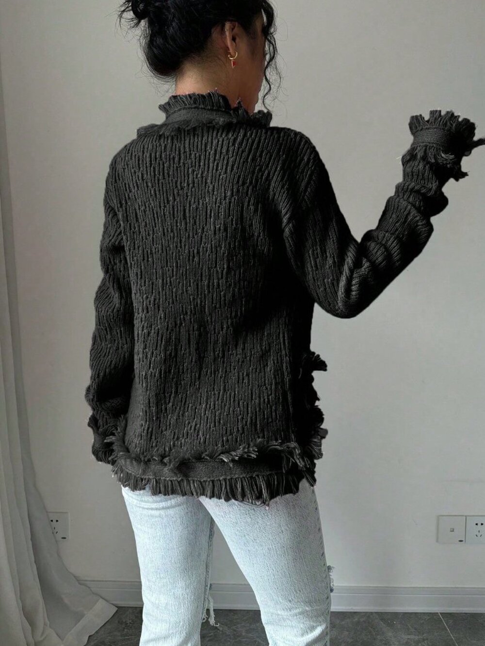 Black Casual Women's Patchwork Fringe Long Sleeve Single-Breasted Cardigan - Picture 2 of 6